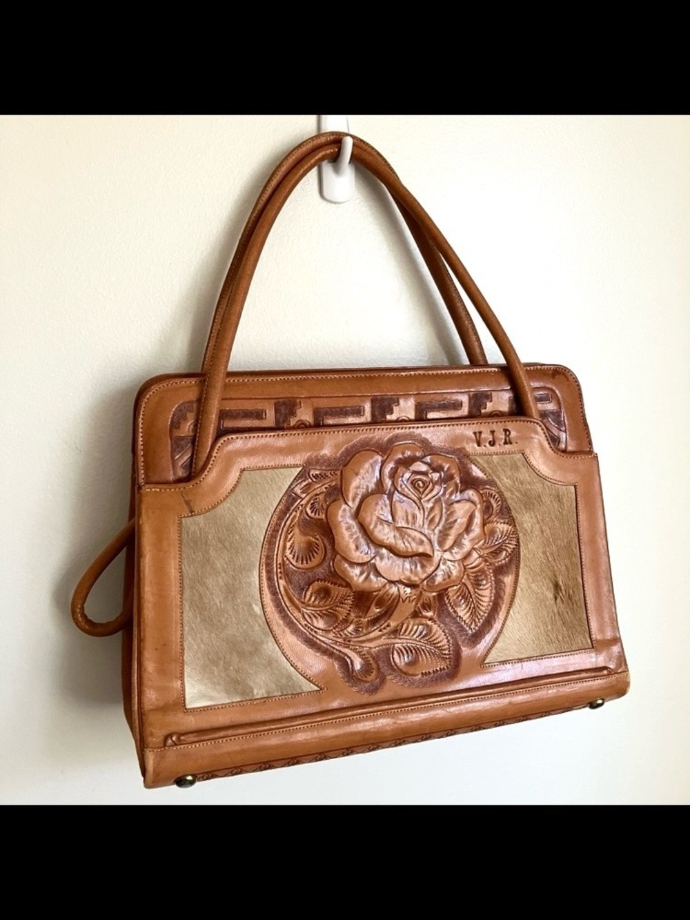 Vintage Leather and Fur Western Hand Tooled Bag